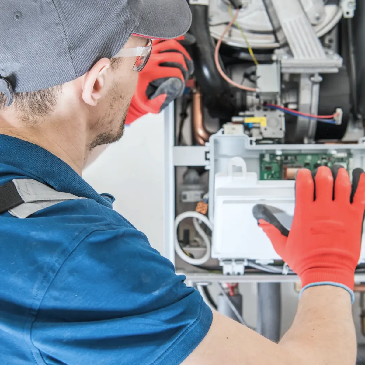 Technician in red gloves servicing a boiler's controls