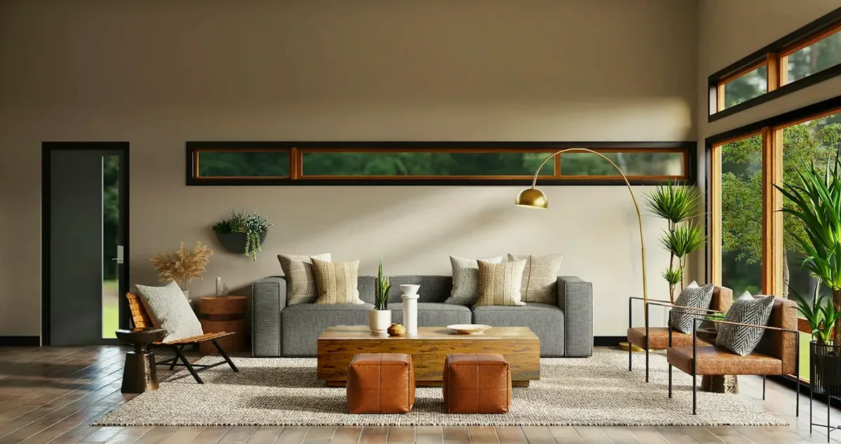 Bright living room with a grey sofa and large windows